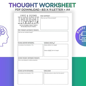 First & Second Thought Cognitive Reframing Worksheet | Printable PDF | CBT Inspired