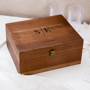 Engraved Wood Storage Box w/ Hinge Lid (D7) - Wedding Keepsake Memory Box Wedding Photos Cards, Engagement Gift, Anniversary Gift Couples