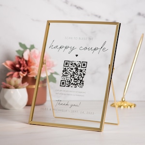 Gold Glass Scan To Bless QR Sign - Scannable Acrylic Sign, Wedding Virtual Cash Gift Table Decoration, Venmo Paypal Cash app Donation