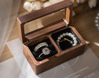 Dual Compartment Jewelry Box - Walnut Wood with Glass Lid Case, Accessories Velvet Lined Organizer, Minimalist Rustic Engagement Ring Holder