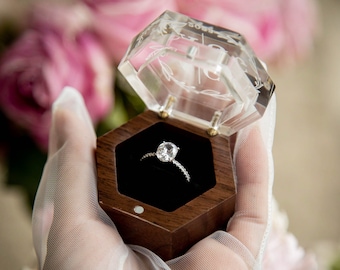 Hexagon Mini Flip Ring Box w Clear Acrylic Lid - Single Ring Engagement Ring Box, Wedding Ring Holder, Proposal Ring Box, Gift for Her