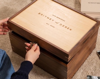 Engraved XL Wood Hinge Box (D10) - Extra Large Luxury Hardwood Keepsake Memory Storage for Wedding Photos Albums Anniversary Heirloom Gifts