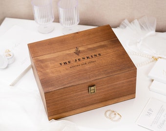 Wood Storage Box w/ Hinge Lid (D5) - Engraved Wedding Keepsake Memory Box Wedding Photos, Engagement Anniversary Gift Couples, Mom-to-be