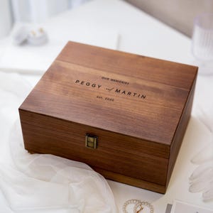 Wood Storage Box w/ Hinge Lid (D10) - Engraved Wedding Keepsake Memory Display Photos Cards Engagement Anniversary Christmas Gift Couples