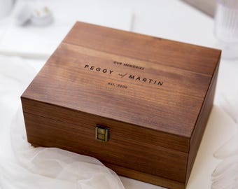 Engraved Wood Storage Box w/ Hinge Lid (D10) - Walnut Wedding Keepsake Memory Photos Cards Engagement Anniversary Valentines Gift Couples