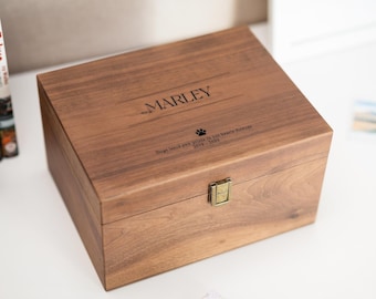 Wood Storage Box w/ Hinge Lid (D8) - Engraved Large Keepsake Memorial Box, Box for Photos Collar Toys, Sympathy Loss Dog Cat Pets Gifts