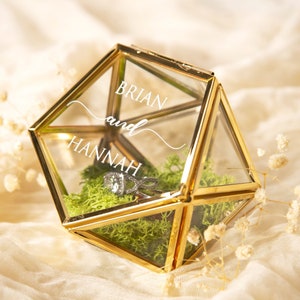 Geometric Glass Ring Box with Moss - Rose Gold or Gold - Personalized Ring Box for Wedding Ceremony, Ring Bearer Pillow Alternative