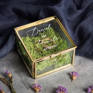 Square Gold Glass Ring Bearer Box with Moss Personalized Ring Box for Wedding Ceremony, Modern Ring Holder for Engagements, Rustic Wedding image 1