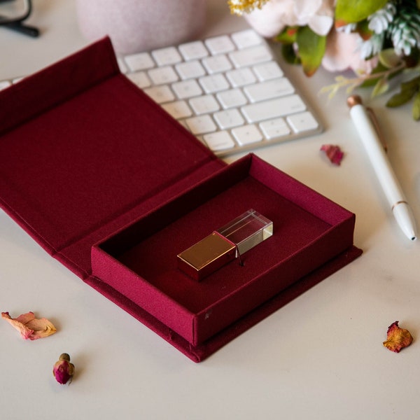 Linen USB Box & Metal Crystal USB (Ready to ship) - Modern Glass USB Flash Drive, Wedding Video Photography Digital Storage Thumb Drive Gift
