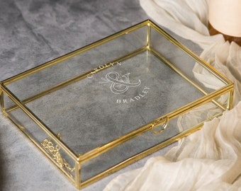 5x7" Gold Glass Photo Box - Wedding Picture Keepsake Box, Engagement Romantic Gift for Newlywed Couple Husband Wife, Honeymoon Gift