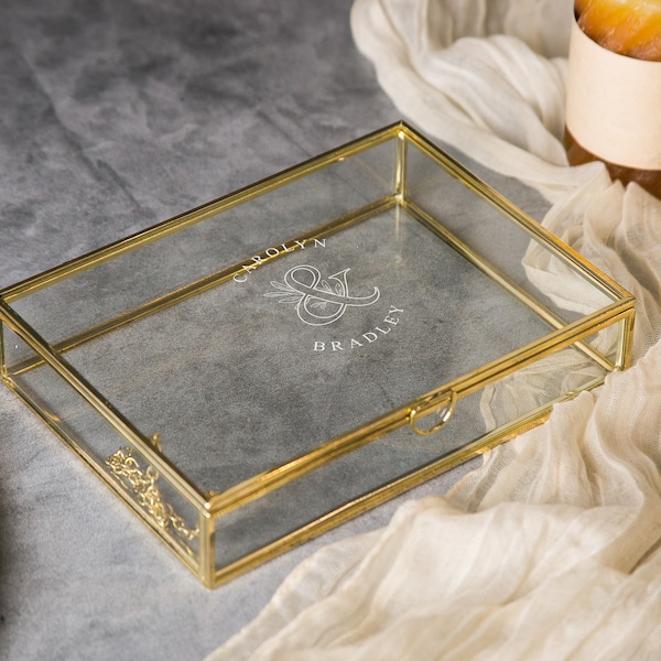 5x7" Gold Glass Photo Box - Wedding Picture Keepsake Box, Engagement Romantic Gift for Newlywed Couple Husband Wife, Mother's Day Gift