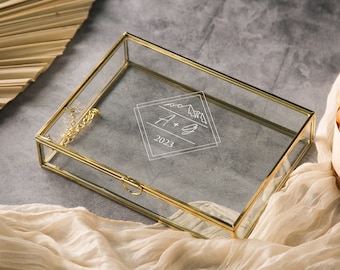 5x7" Gold Glass Photo Box - Clear Travel Adventure Memory Keepsake Box w/ Optional Photo Mats Wedding Engagement Gift for Couple Bride Groom