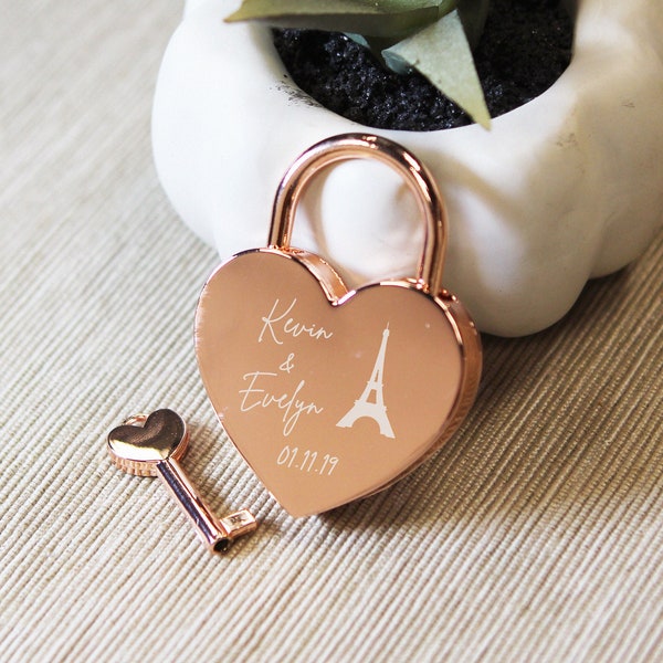 Engraved Heart Love Lock with Key - Travel Bridge Love Lock, Wedding Engagement Anniversary, Honeymoon Gift Padlock, Travel Gift for Family