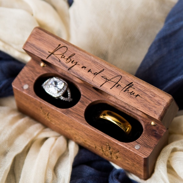 Engraved Wide Double Ring Box - Slim Ring Storage for 2 Rings, Wood Ring Bearer Box for Wedding Ceremony, Unique Proposal Gift for Her