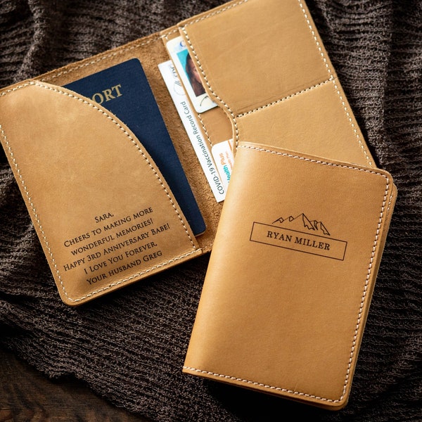 Engraved Passport Holder - Leather Travel Real Id License Wallet, 3rd Wedding Leather Anniversary Travel Christmas Gift Personalized Message