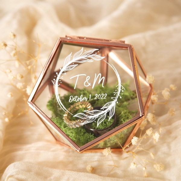 Geometric Glass Ring Box with Moss - Rose Gold or Gold - Personalized Ring Box for Wedding Ceremony, Ring Bearer Pillow Alternative