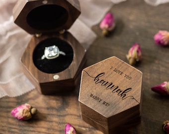 Engraved Hexagon Mini Flip Wood Ring Box - Engagement Ring Box, Single Ring Slot Storage, Proposal Box, Wedding Ring Box, Gift For Her
