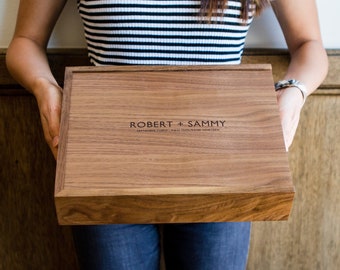 8x10&quot; Large Wood Memory Box - Engraved Walnut Box for Cards Photos, Wedding Keepsake Storage, handmade gift for him unique baby memory