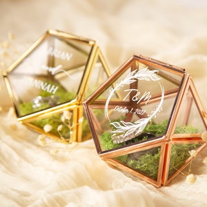 Geometric Glass Ring Box with Moss Rose Gold or Gold Personalized Ring Box for Wedding Ceremony, Ring Bearer Pillow Alternative image 4