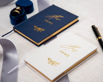 Embossed His & Her Vow Books (Navy + Eggshell) Ready to Ship - Gold Hard Cover Embossed Wedding Day Vow Books Gold Gilded Pages