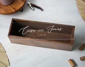 Acrylic Lid Wine Box (Design 10) - Walnut Wood Wine Champagne Box, Congratulatory Gift for Newlywed Couples Anniversary Birthday Engagement