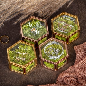Hexagon Glass Ring Box with Moss - Personalized Ring Box for Wedding Ceremony Custom Modern Ring Holder for Proposal Engagement Gift for Her