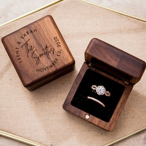 Square Double Ring Box Engraved Wood Ring Bearer Box for Wedding Ceremony, Proposal Engagement Ring Box Gift for Her, 2 Ring Slots Storage image 1