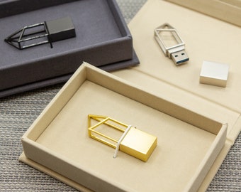 Geometric Metal USB with Linen Box (Ready to ship) - Flash Thumb Drive Digital Photo Video Storage Wedding Videographer Gift for Client