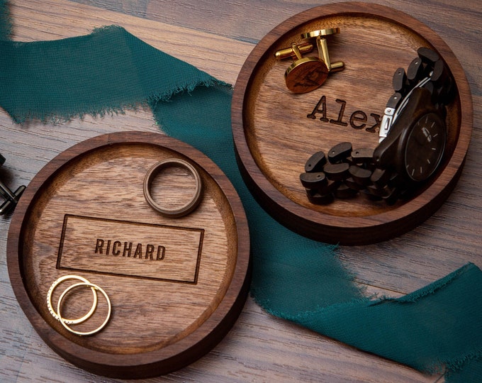 Engraved Round Wood Ring Dish - Mens Jewelry Tray 5th Wedding Anniversary Birthday Gift for Boyfriend Husband Dad Home Decor Wooden Gift
