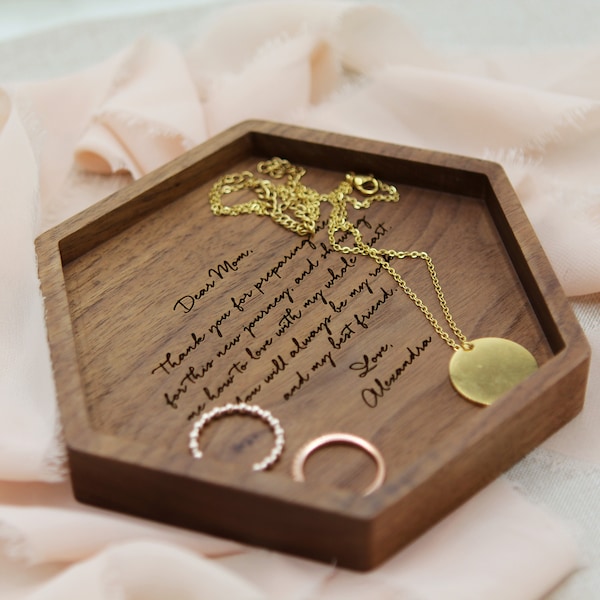 Hexagon Wood Tray - Engraved Key or Ring Dish, Wedding Day Gift for Mom Mother of the Bride Groom MIL MOH Wife, Mother's Day Gift BFF