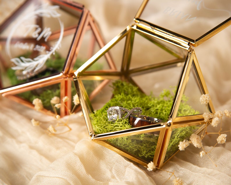 Geometric Glass Ring Box with Moss Rose Gold or Gold Personalized Ring Box for Wedding Ceremony, Ring Bearer Pillow Alternative image 3