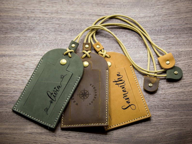 Engraved Luggage Tag with Contact Card Leather Travel Bag Name Tag, Wedding Party Favor, Work Coworker Gifts, Travel Gift for Mom Mothers image 6