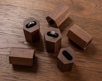 Hexagon Walnut Ring Stand - Rustic Wedding Ceremony Ring Bearer Pillow Alternative Display Decor Photography Prop, Engagement Ring Storage