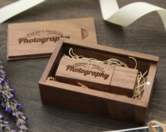 Thin Walnut Wood Box & USB Flash Drive Set Engraved - Personalized Thumb Drive Custom Photography Wedding USB Thoughtful Mother's Day Gift