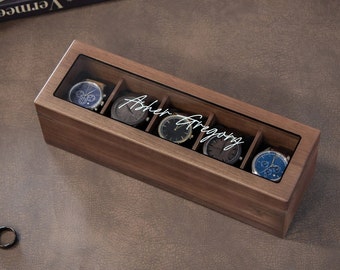 Wide Wood Watch Box (Design 4) - Custom Mens 5 Slot Watch Collection Keepsake Storage Case Personalized Gift for Dad Son Husband Boyfriend