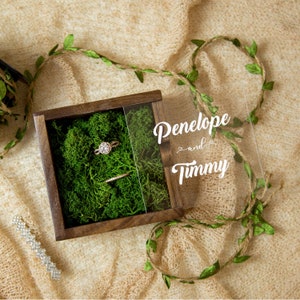 Square Ring Bearer Box with Clear Lid and Moss Rustic Wedding Ceremony Ring Pillow Alternative Ring Display Decor Photography Prop image 6