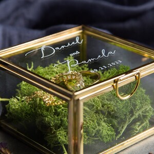 Square Gold Glass Ring Bearer Box with Moss Personalized Ring Box for Wedding Ceremony, Modern Ring Holder for Engagements, Rustic Wedding image 6