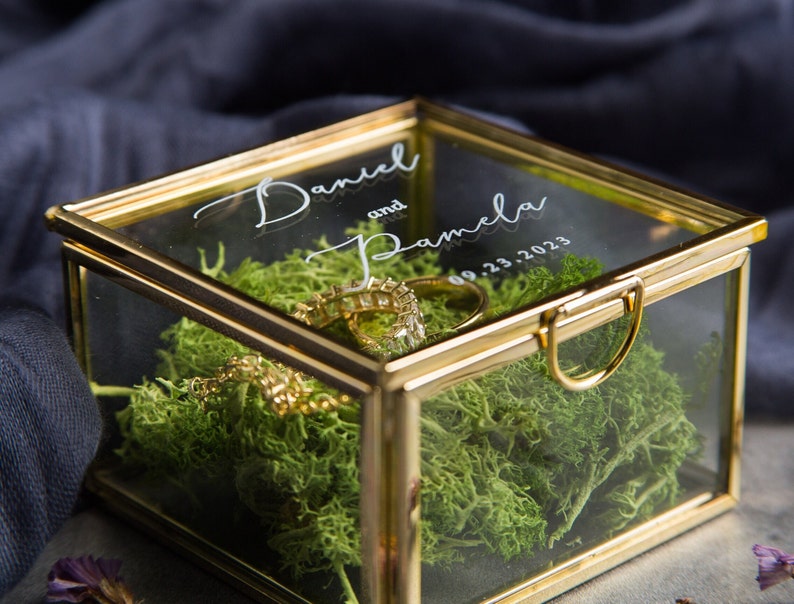 Square Gold Glass Ring Bearer Box with Moss Personalized Ring Box for Wedding Ceremony, Modern Ring Holder for Engagements, Rustic Wedding image 6