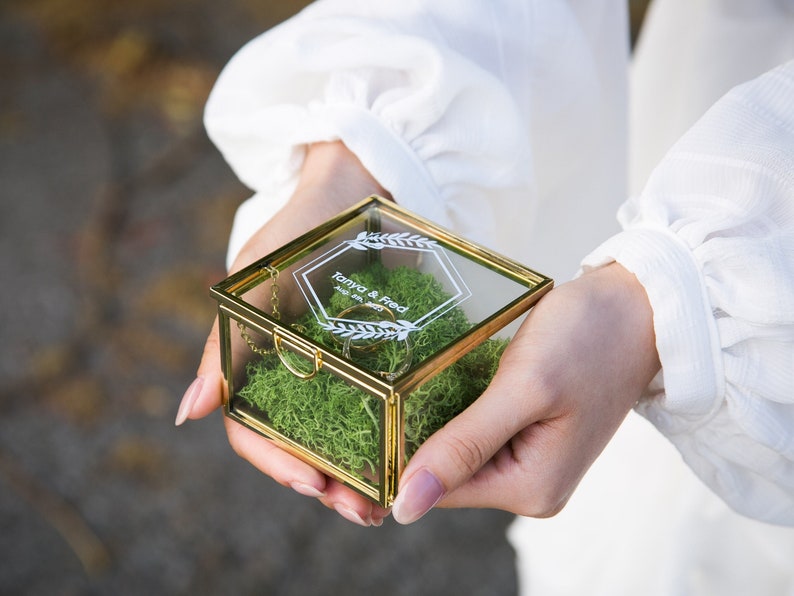 Square Gold Glass Ring Bearer Box with Moss Personalized Ring Box for Wedding Ceremony, Modern Ring Holder for Engagements, Rustic Wedding image 8