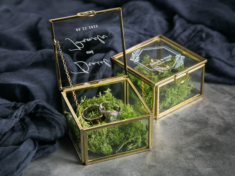 Square Gold Glass Ring Bearer Box with Moss Personalized Ring Box for Wedding Ceremony, Modern Ring Holder for Engagements, Rustic Wedding image 7