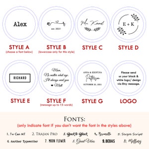 May include: A guide to different styles of round, personalized labels.  The styles include text in a box, text in a circle, text with a heart, text with a floral design, and a logo.  The guide also includes a list of fonts to choose from.