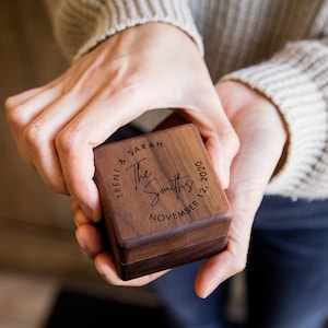 Engraved Square Double Ring Box - Wood Ring Bearer Box for Wedding Ceremony, Proposal Engagement Ring Box Gift for Her, 2 Ring Slots Storage image 7