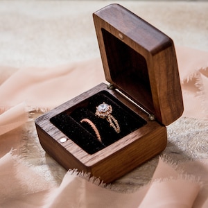 Square Double Ring Box Engraved Wood Ring Bearer Box for Wedding Ceremony, Proposal Engagement Ring Box Gift for Her, 2 Ring Slots Storage image 3