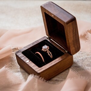 Engraved Square Double Ring Box - Wood Ring Bearer Box for Wedding Ceremony, Proposal Engagement Ring Box Gift for Her, 2 Ring Slots Storage image 4