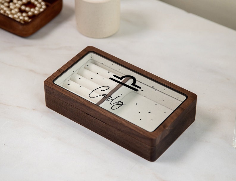 Wood Jewelry Box w/ Glass Lid Design 3 Black Custom Zodiac Horoscope Constellation Sign Unique Birthday Gift for Astrology Enthusiast Add Customization