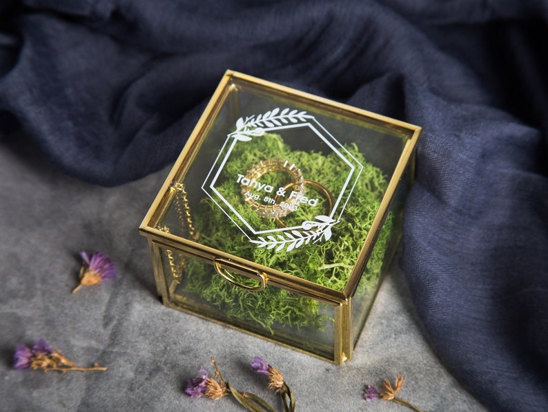 Square Gold Glass Ring Bearer Box with Moss Personalized Ring Box for Wedding Ceremony, Modern Ring Holder for Engagements, Rustic Wedding image 2