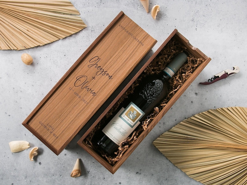 Wood Wine Box Design 1 Congratulations Walnut or Pine Wine Champagne Box, Engagement Wedding Gift for the Bride & Groom, Mother's Day image 1
