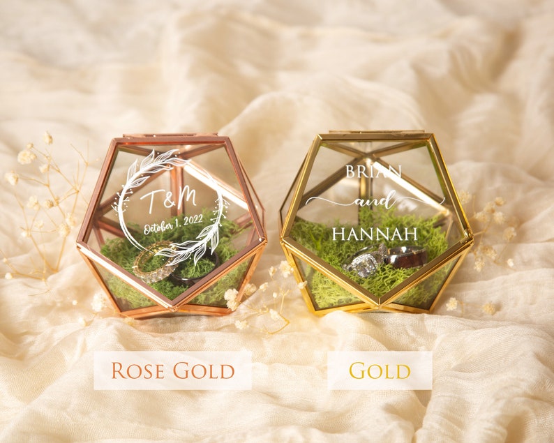 Geometric Glass Ring Box with Moss Rose Gold or Gold Personalized Ring Box for Wedding Ceremony, Ring Bearer Pillow Alternative image 6