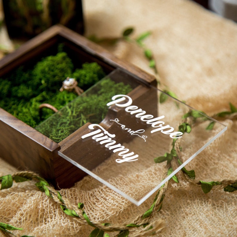 Square Ring Bearer Box with Clear Lid and Moss Rustic Wedding Ceremony Ring Pillow Alternative Ring Display Decor Photography Prop image 5