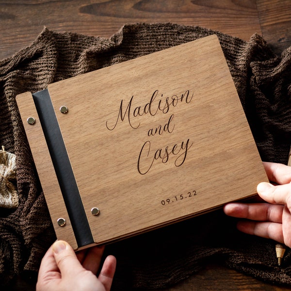 Engraved Premium Wood Guest Book - Rustic Wedding Reception Guestbook Idea, Newlywed Gift Unique Wedding Favors Blank Papers Customizable